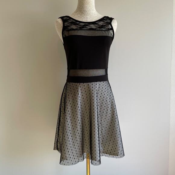 Chiffon Lace Fit‎ & Flare Cocktail Dress Size M Black Floral Dot Whimsygoth Y2k - Picture 1 of 9